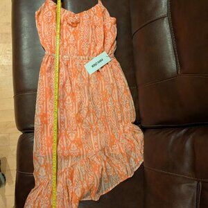 MIMI CHICA Orange with white patterns Sequin Ruffle Dress with a Flower on Top